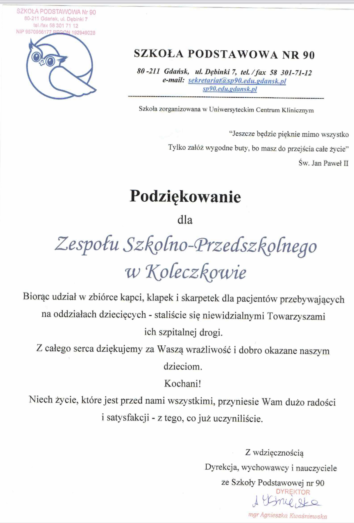 Read more about the article Podziękowania dla Zespołu Szkolno-Przedszkolnego w Koleczkowie